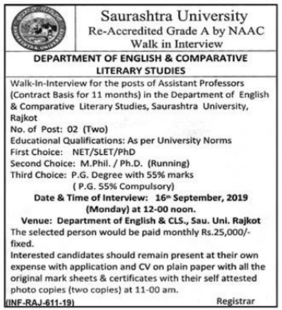 Saurashtra University Recruitment for Assistant Professor Posts 2019