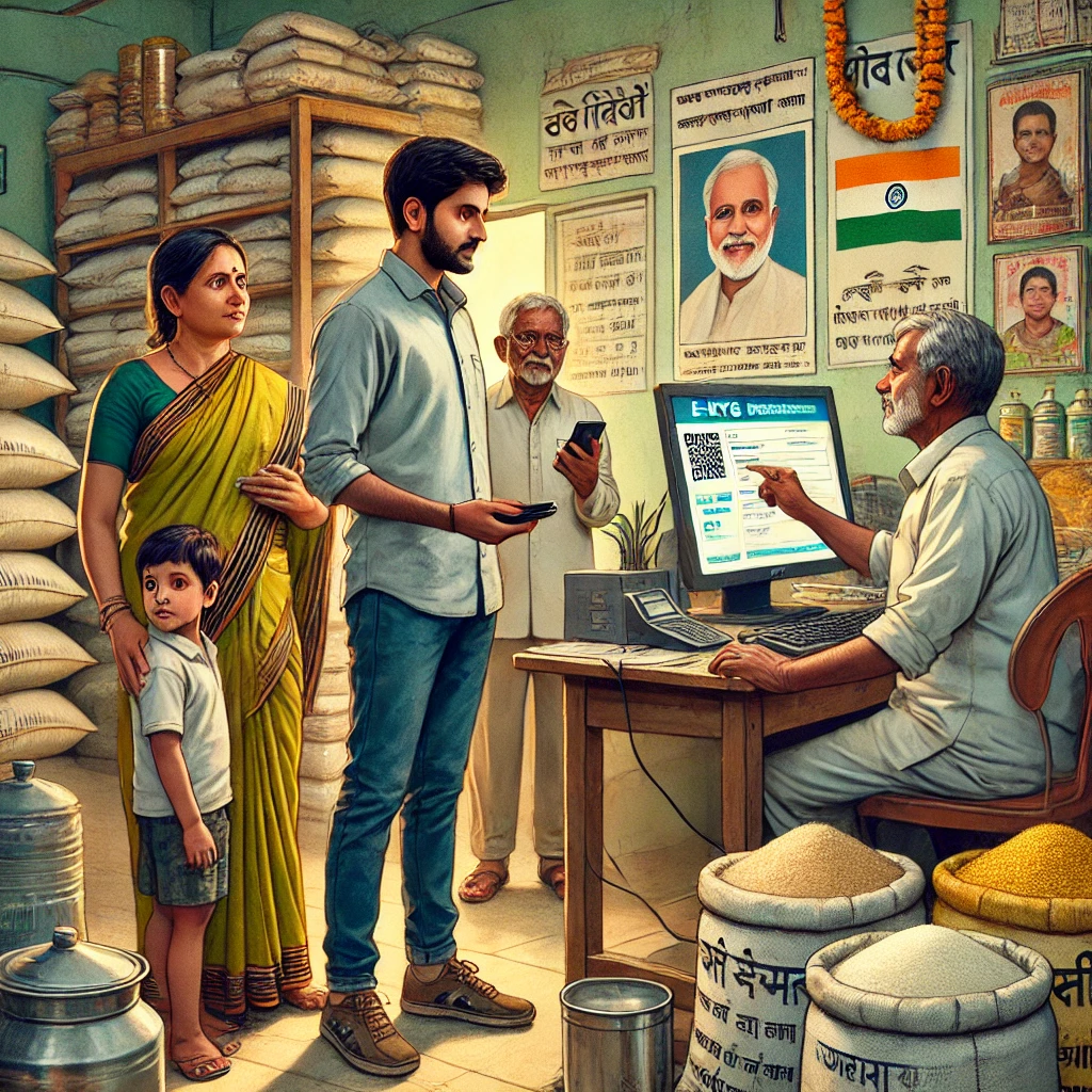 DALL·E 2024 08 11 11.18.23 A detailed scene at a ration dealer shop in India where a young man is standing with his family completing e KYC formalities. The young man in his